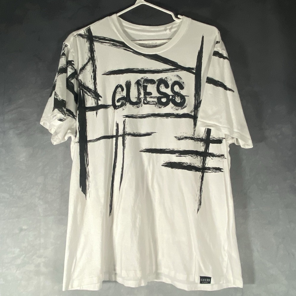 Guess Graphic Print T-shirt Black White Brush Stroke Design XXL* Organic Cotton